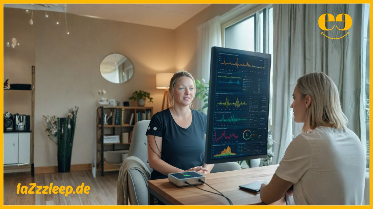 Eine blonde Frau in Schwarz sitzt entspannt vor einem Monitor mit bunten Biofeedback-Messdaten. Sie trägt Messgeräte am Arm, der Raum ist hell und ruhig.