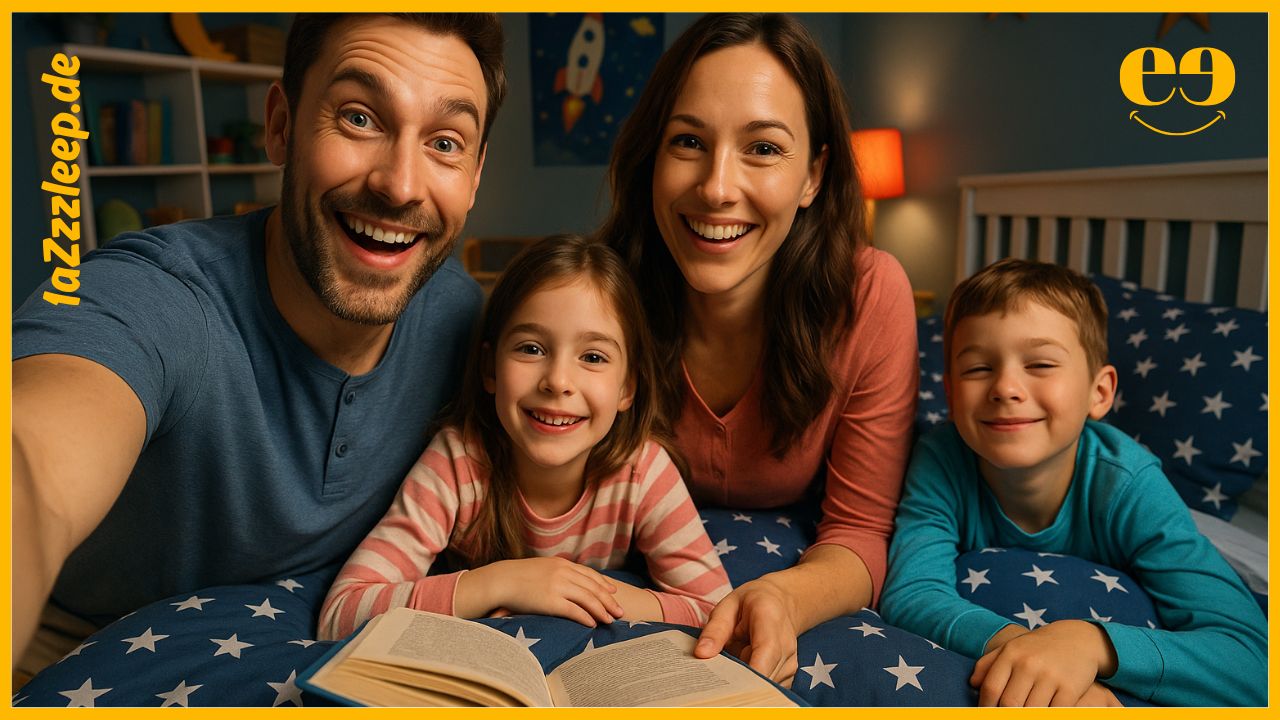 Die 6 besten Schlaftipps für Eltern und Kinder. Eine vierköpfige Familie sitzt gemeinsam auf einem Kinderbett