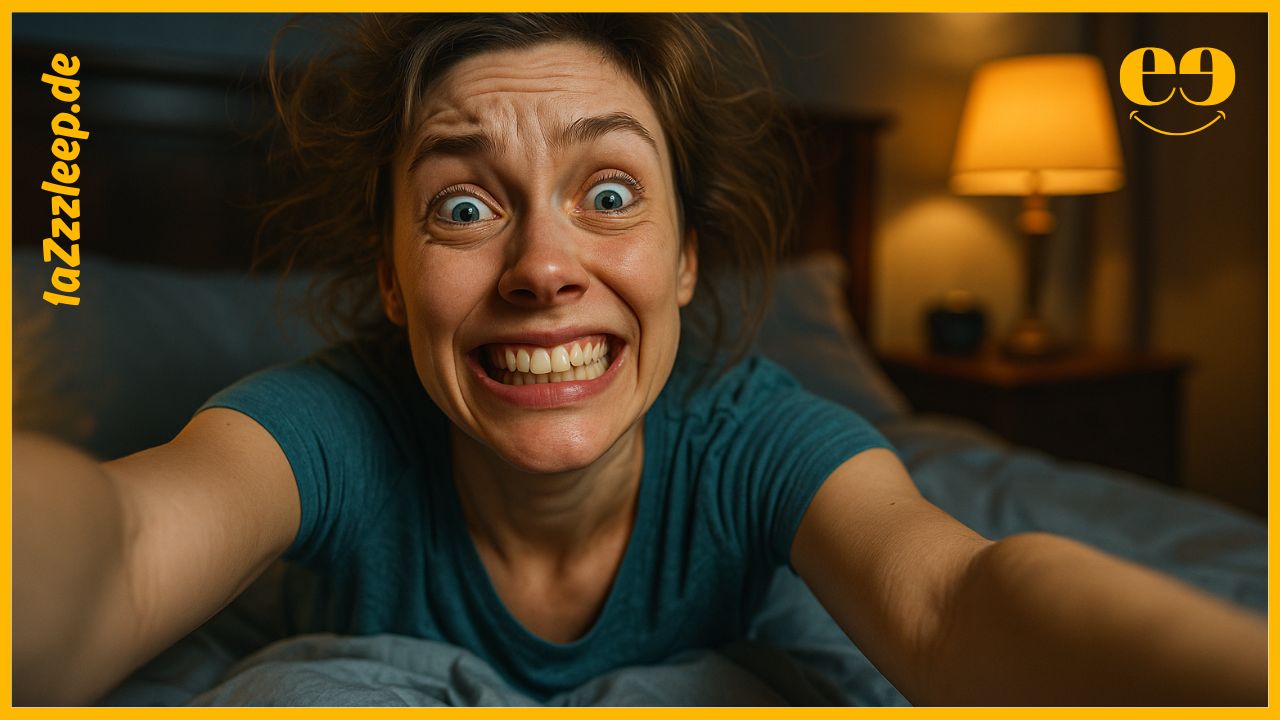 Frau mit aufgerissenen Augen liegt abends im Bett – gestresst, aber schlaflos. 