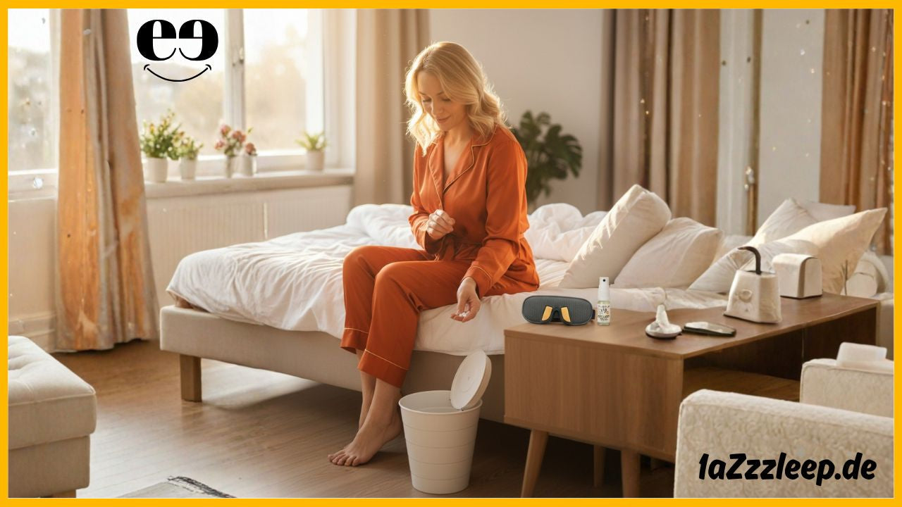 Schlaf ohne Tabletten – geht das überhaupt. Eine Frau schmeißt die Schlaftabletten in den Müll und entscheidet sich stattdessen für eine Schlafmaske mit Aromatherapie