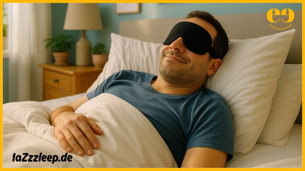 Ein Mann Anfang 30 liegt entspannt mit seiner Schlafmaske in einem freundlich eingerichteten Schlafzimmer im Bett. 
