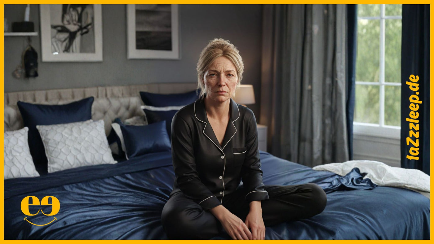 Eine Frau die durch Schlafmangel stark gealtert ist, sitzt auf ihrem Bett