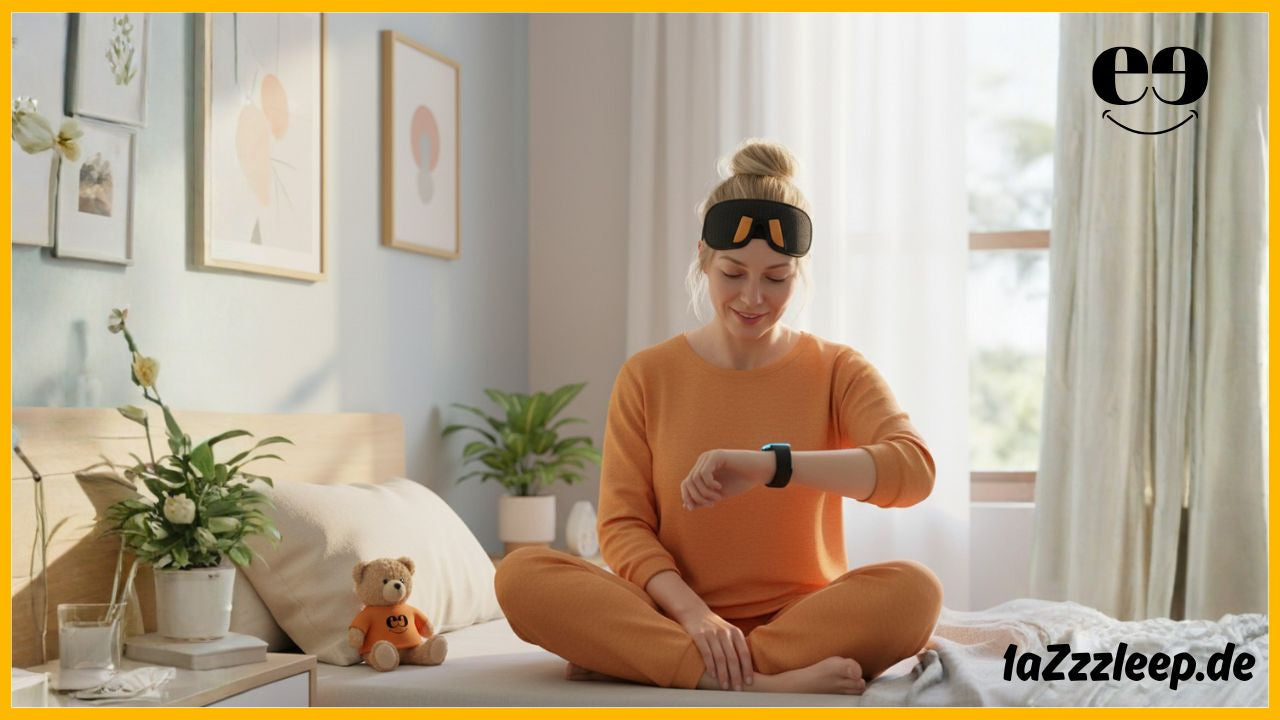 Eine Frau im orangefarbenen Schlafanzug sitzt im Schneidersitz auf einem Bett, die Schlafmaske auf dem Kopf. Sie blickt lächelnd auf ihre Smartwatch. Neben ihr sitzt ein Teddybär mit orangefarbenem Shirt und einem lächelnden Logo.