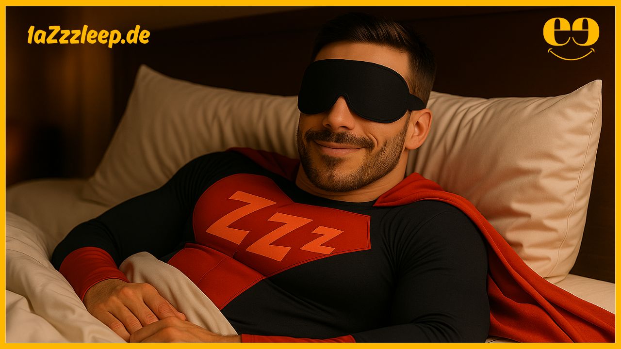 Ein gutaussehender Mann mit Kurzhaarschnitt und Bart liegt entspannt in einem Bett. Er trägt ein schwarzes Superheldenkostüm mit rotem Cape und einer roten Brustpartie. Über den Augen trägt er eine schwarze Schlafmaske von 1aZzzleep.de