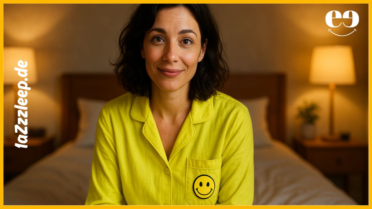 Eine attraktive, dunkelhaarige Frau Mitte 30 sitzt in einem neon­gelben Schlafanzug mit Smiley auf der Brusttasche auf einem Bett und schaut fragend, aber glücklich in die Kamera.